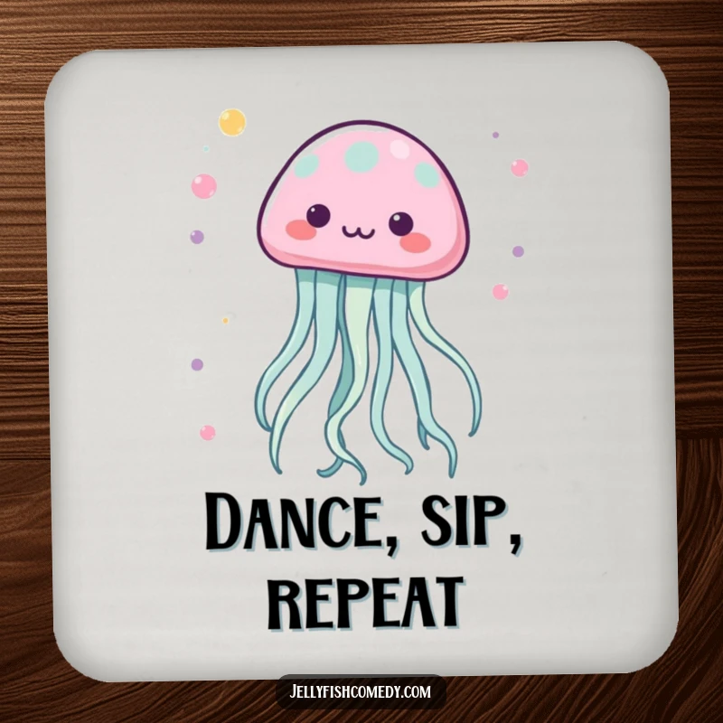 Funny Kawaii Jellyfish Coaster featuring tentacles dancing in a lively pattern, perfect for drinks.