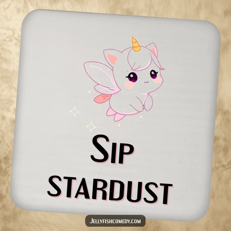 Funny drink coaster with a small, ethereal creature trailing sparkling stardust, protecting surfaces with magical charm.