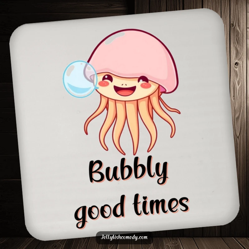 Funny grinning jellyfish drink coaster features a happy jellyfish blowing a bubble, adding ocean charm to table protection.
