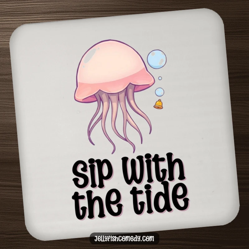 Funny jellyfish coaster, a sea creature playfully bouncing a bubble, a humorous and practical accessory for drink protection.