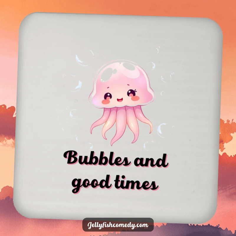 Funny transparent jellyfish happily floating amidst shimmering bubbles, a humorous and protective drink coaster.