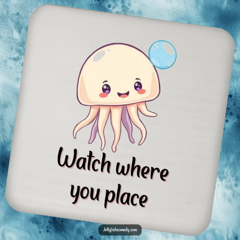 Funny Coaster: A cheerful jellyfish with multiple happy eyes playfully bounces a glistening bubble, guarding your tables with humor.