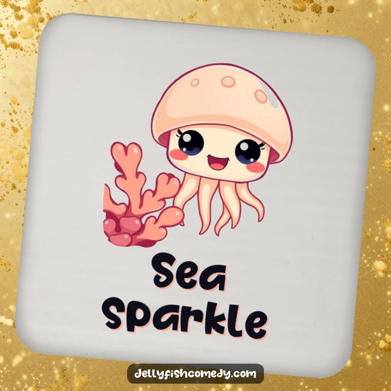 Funny jellyfish coral drink coaster, wide happy eyes peeking from behind coral, adding cartoon charm.