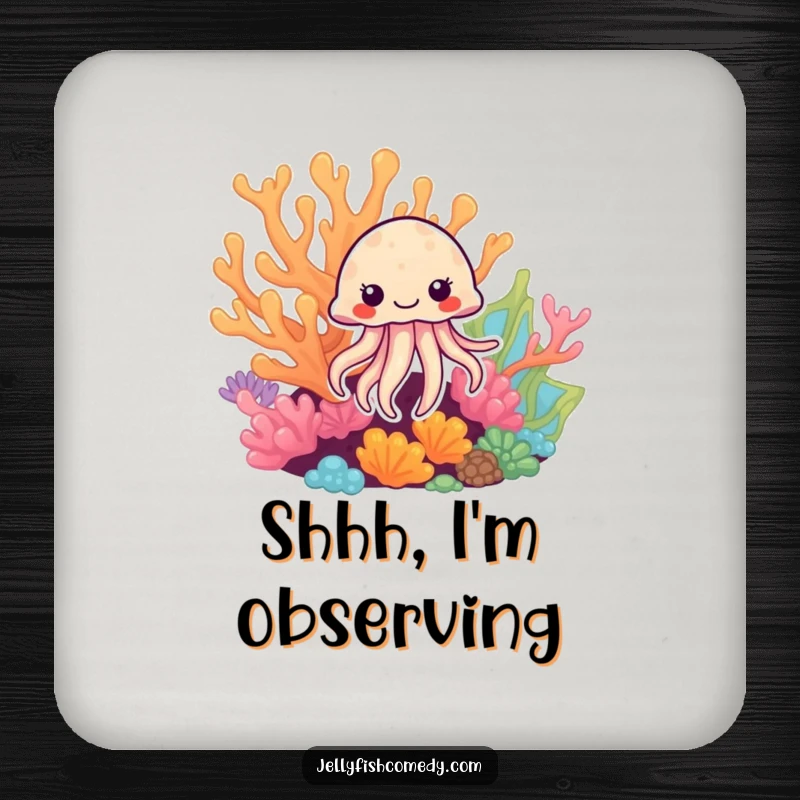 Funny Jellyfish Coaster: A humorous jellyfish peeking from coral adds charm to these protective drink coasters.