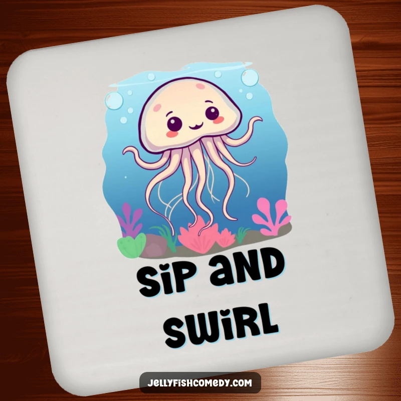 Funny drink coaster with a silly jellyfish dancing underwater, tentacles swirling, perfect for adding whimsical decor.
