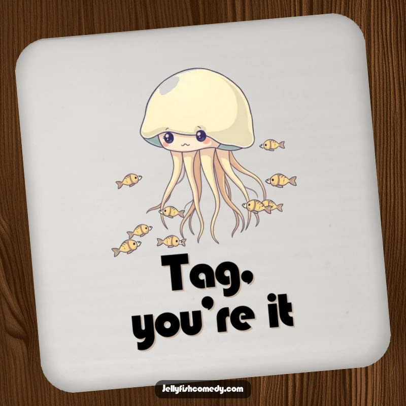 Funny Jellyfish Coaster: A lively jellyfish chasing fish adds humor to these protective drink coasters.
