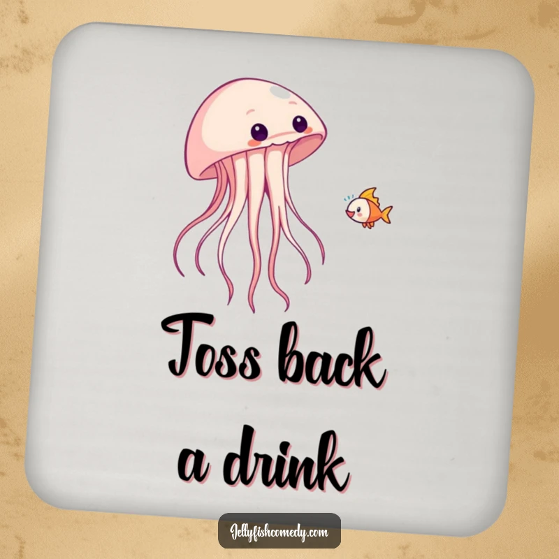 Funny drink coaster with a jellyfish playfully tossing a fish, adding whimsical charm.