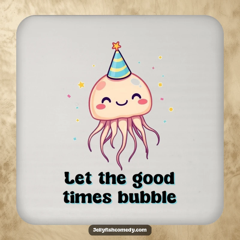 Funny jellyfish wearing a party hat and confetti, a set of coasters bringing aquatic humor.