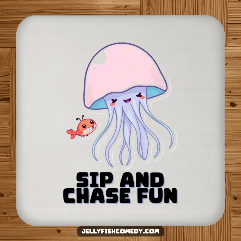 Funny jellyfish with a grin playfully chasing a shrimp, a humorous drink coaster for protecting surfaces at parties.