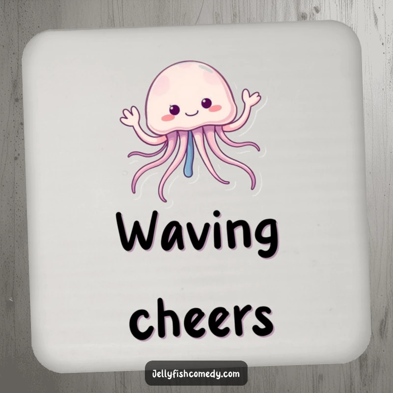 Funny jellyfish coaster with trailing tentacles cheerfully waving hello, protecting surfaces with underwater charm.