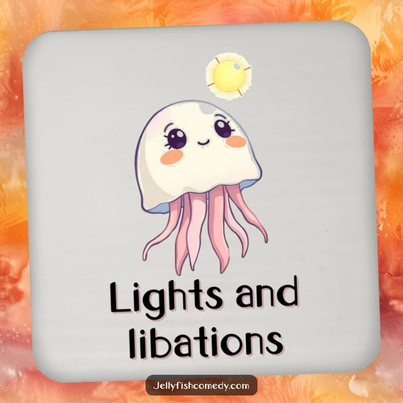 Funny drink coaster with a jellyfish looking up with wonder at a distant light, protecting surfaces with hopeful charm.