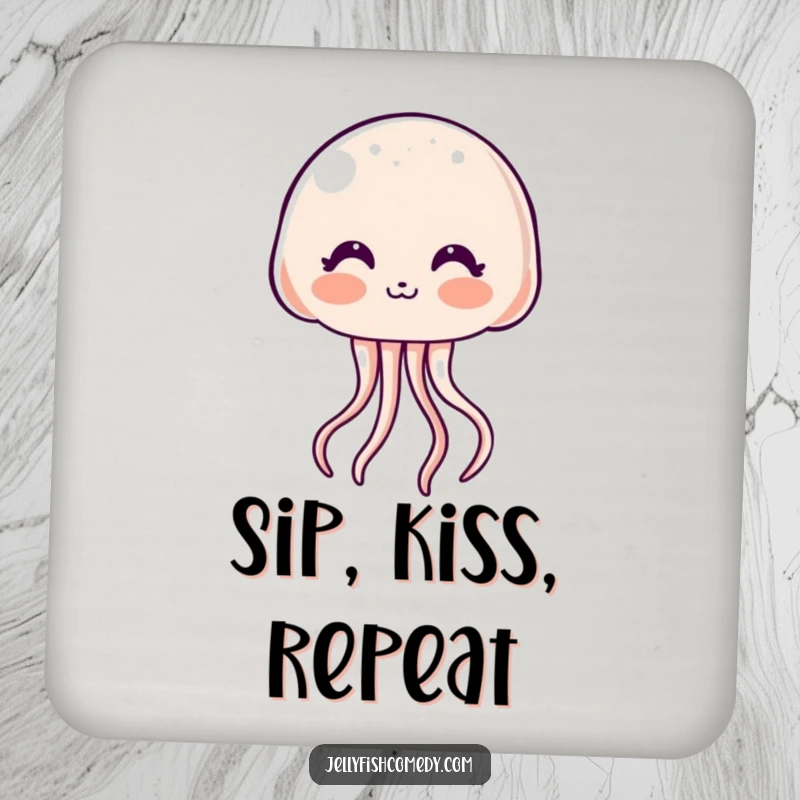 Funny Coaster: A blushing kawaii jellyfish blows a kiss, offering protection with undeniably cute and humorous appeal.