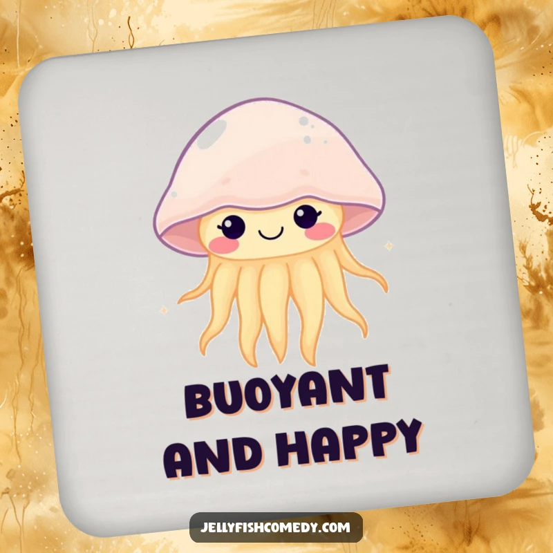 Funny kawaii jellyfish coaster showing a happy, gently pulsing sea creature, protecting surfaces with underwater whimsy.