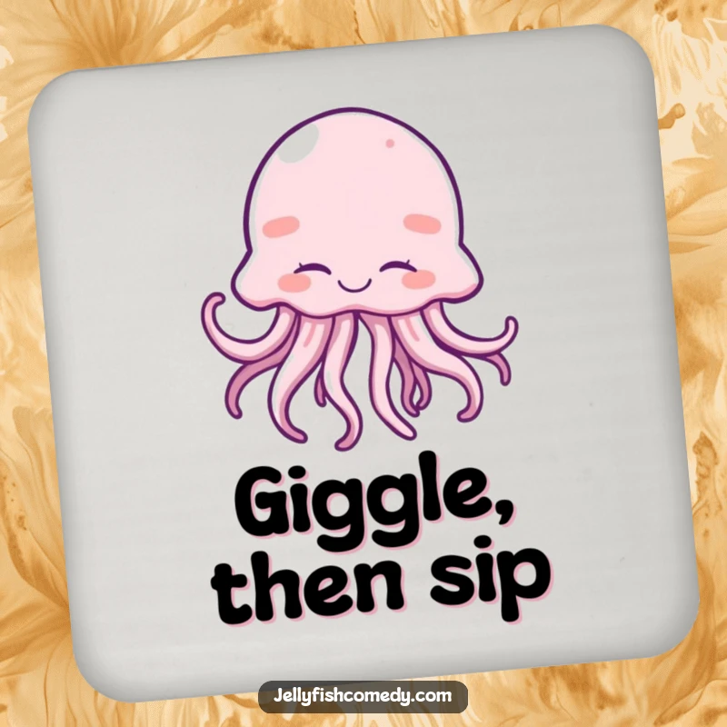 Funny drink coaster with a joyful jellyfish giggling and wiggling its tentacles, adding cheer.