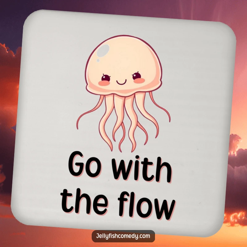 Funny determined jellyfish drink coaster features a jellyfish swimming with vigor, offering motivational humor and surface protection.