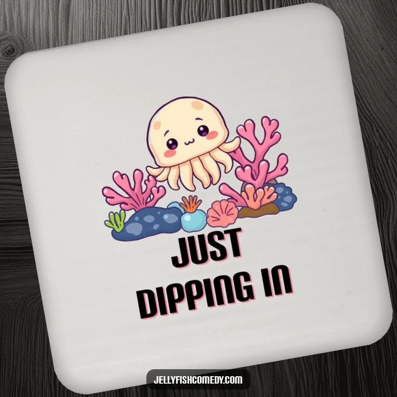 Funny drink coasters featuring a curious jellyfish peeking from behind a colorful coral reef, protecting surfaces with charming ocean art.