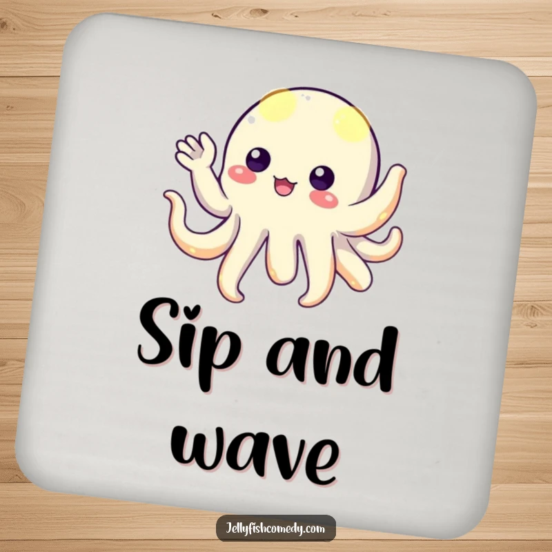 Funny floating creature with glowing tentacles, playfully waving hello, a whimsical and charming design on a drink coaster.