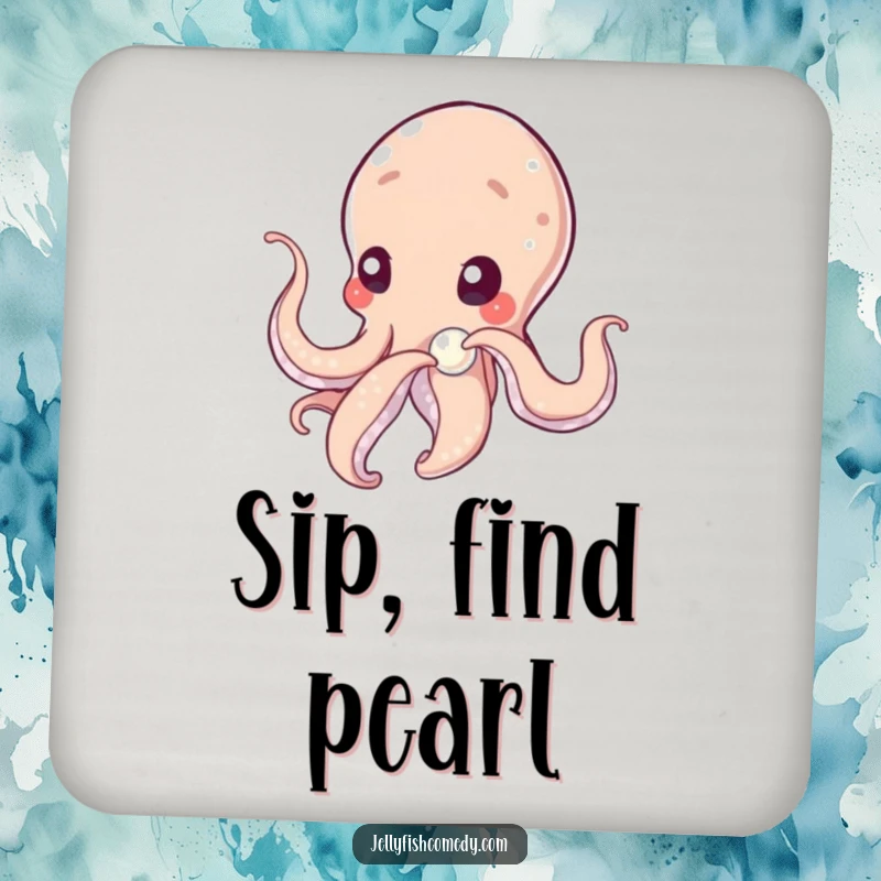 Funny tentacled being gently nudging a shimmering pearl with curiosity, a thoughtful and charming design on a drink coaster.