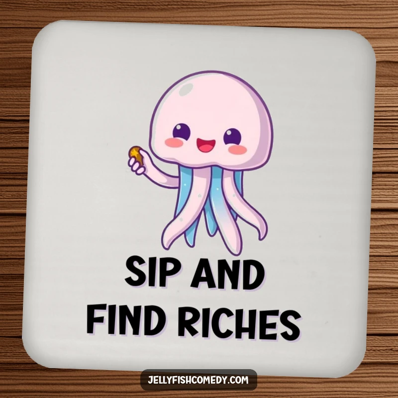 Funny kawaii jellyfish pointing to a treasure chest, a humorous drink coaster for protecting tables during parties.