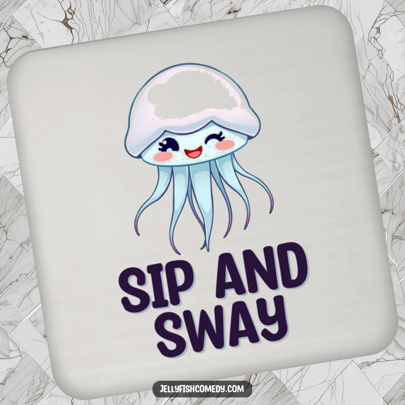 Funny drink coaster with a spinning, winking jellyfish, adding a playful touch to any table.