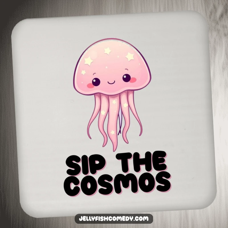 Funny kawaii jellyfish with twinkling starry patterns on a drink coaster, adding humorous protection to tables.