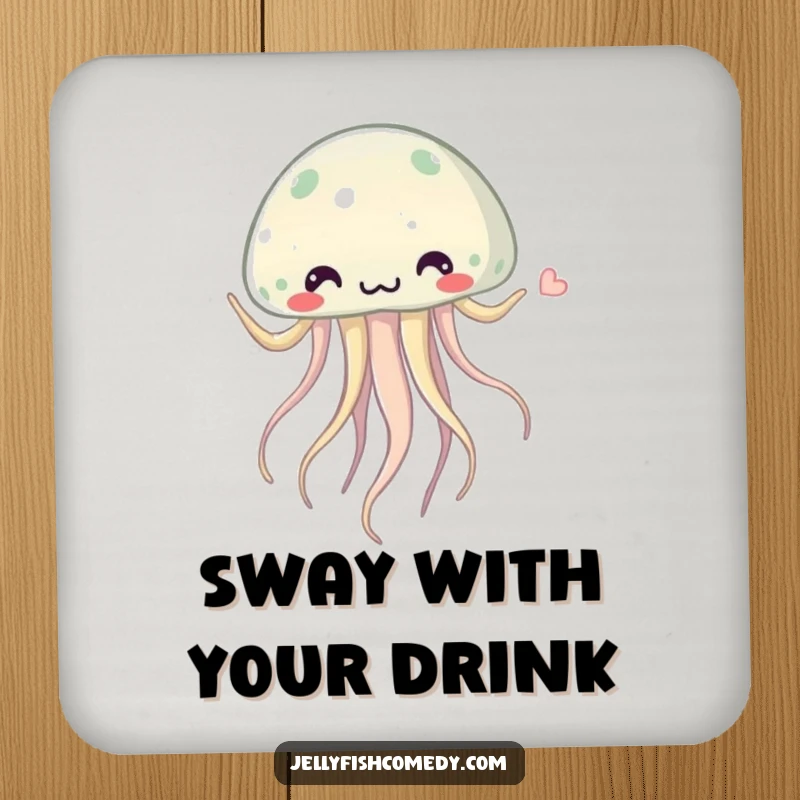 Funny jellyfish coaster set featuring a whimsical jellyfish doing a silly dance with its tentacles swaying rhythmically, protecting surfaces with humor.