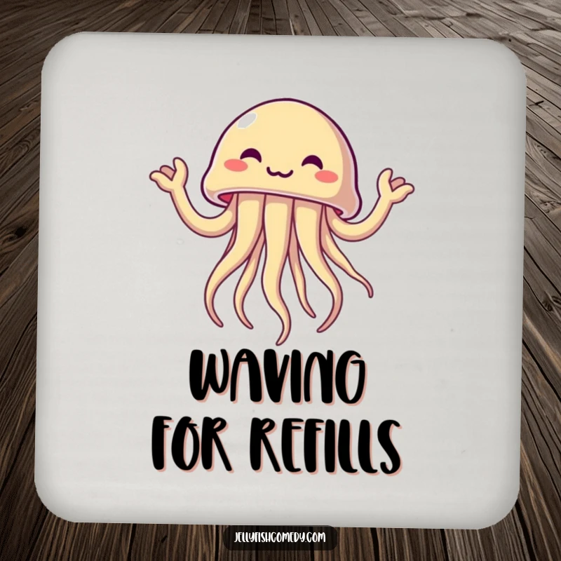 Funny jellyfish joyfully waving tentacle arms, a humorous and protective drink coaster.