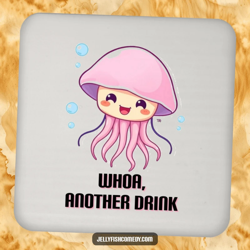 Funny surprised jellyfish coasters, featuring happy sea creatures with wide eyes, being carried by currents.