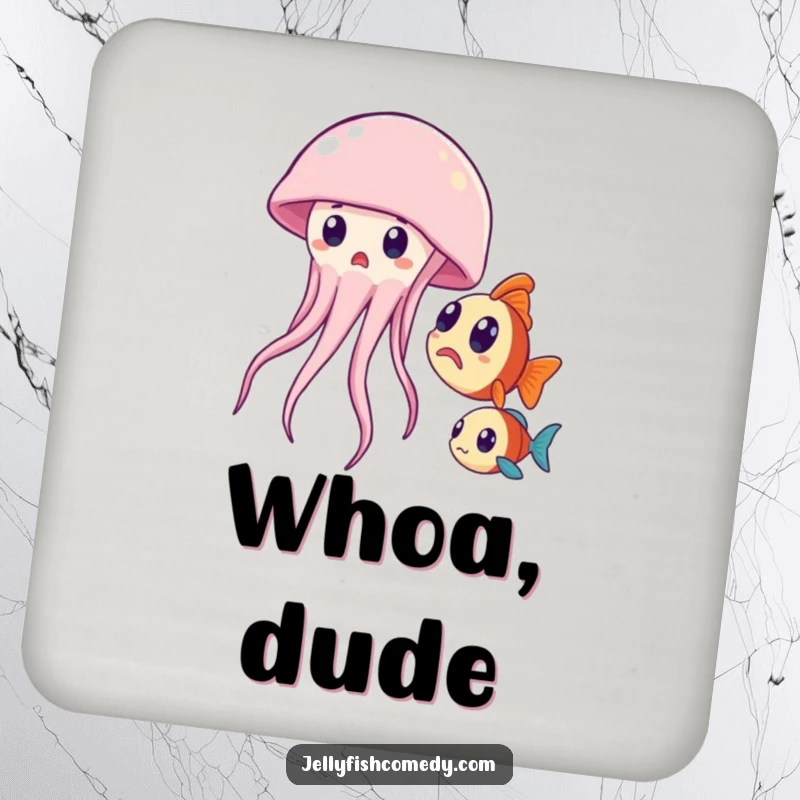 Funny drink coaster with a surprised jellyfish and curious fish, adding humor to any table setting.
