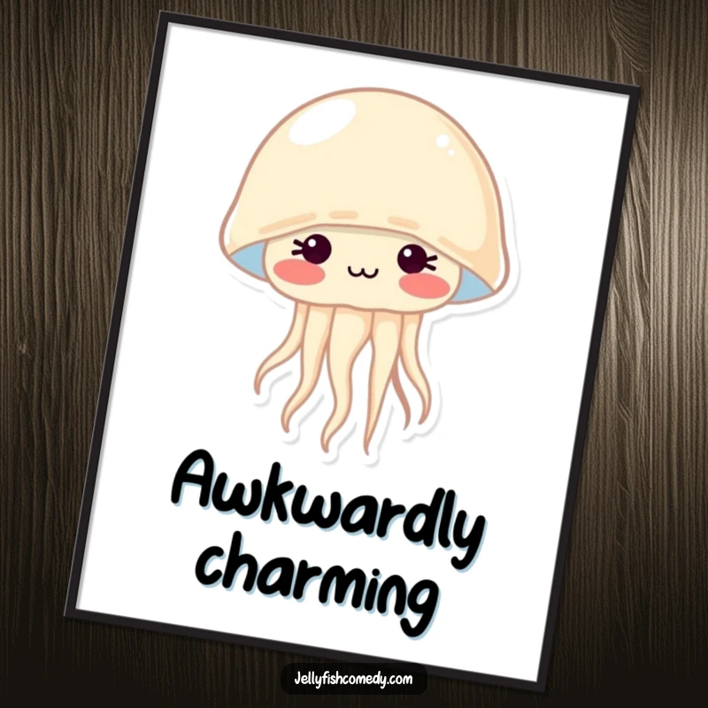 Funny poster of a shy jellyfish with bright rosy cheeks, exuding adorable shyness and heartwarming cuteness.