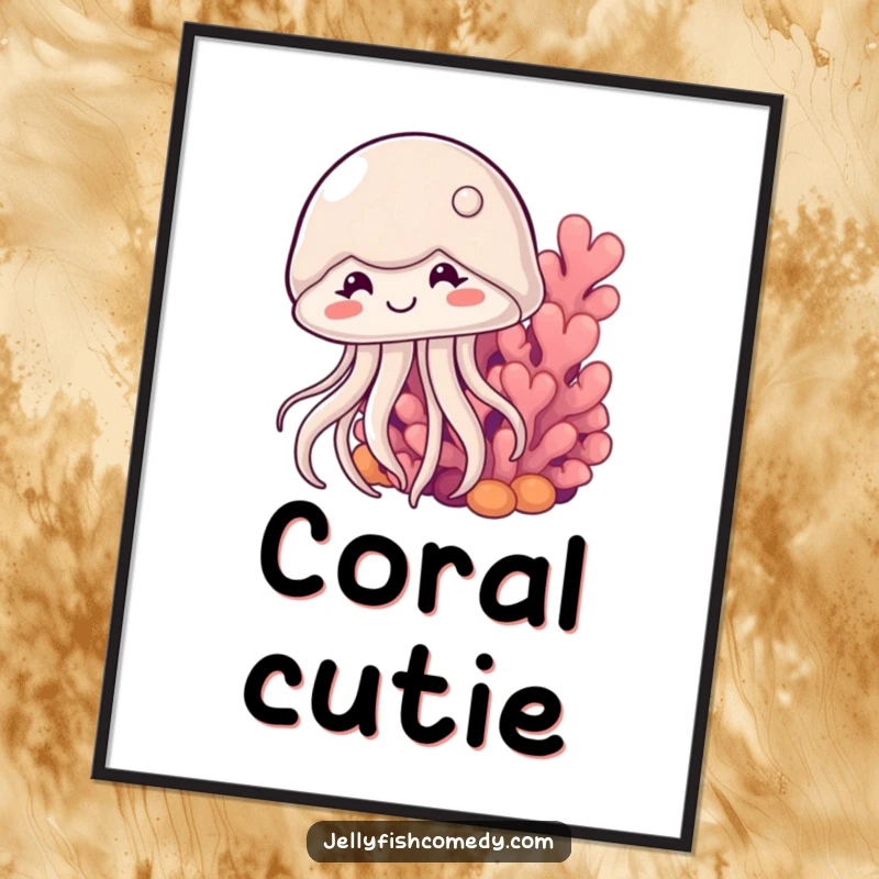 Funny shy jellyfish poster art depicts a cute jellyfish with a bashful smile peeking from behind a coral, adding ocean charm.