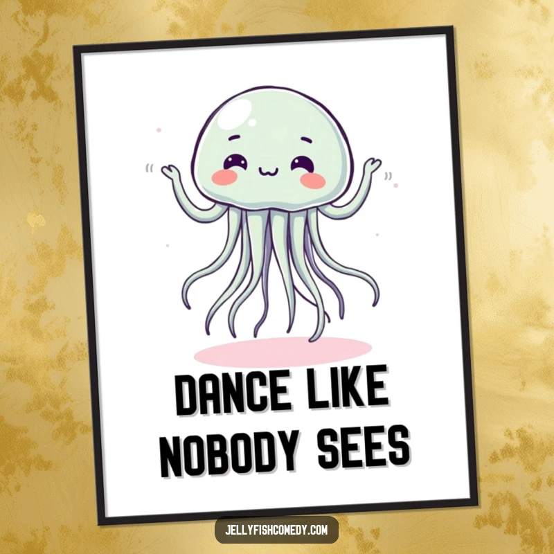 Funny poster art of a jellyfish performing a silly, wobbly dance, capturing spontaneous underwater fun.