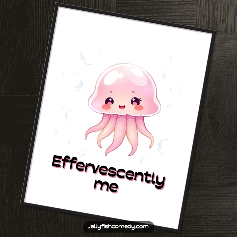 Funny transparent jellyfish happily floating amongst shimmering bubbles, a humorous and serene poster for wall decor.