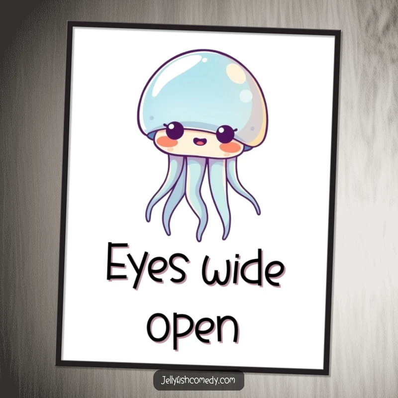 Funny Kawaii jellyfish poster depicting a sea creature with a comically surprised expression, wide eyes and open mouth. Humorous art.
