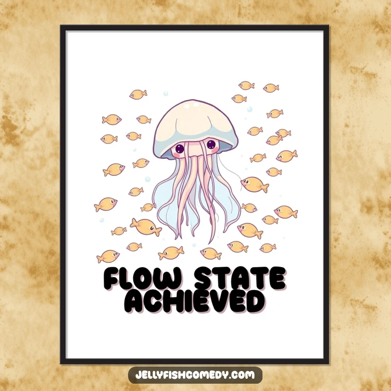 Funny poster of a happy jellyfish drifting through a school of tiny fish, adding whimsical ocean charm to decor.