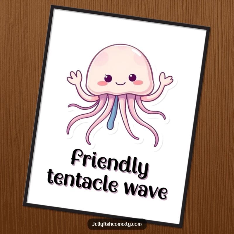 Funny jellyfish poster featuring a creature with trailing tentacles cheerfully waving hello, bringing whimsical underwater charm to decor.