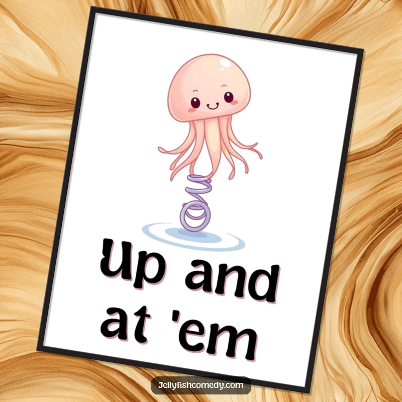 Funny Poster capturing a jellyfish joyfully bouncing high on a tiny spring. This artwork adds playful energy.