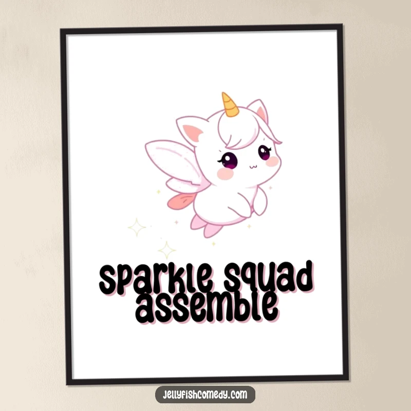 Funny poster of a small, ethereal creature trailing sparkling stardust, creating a mesmerizing and magical wall art piece.