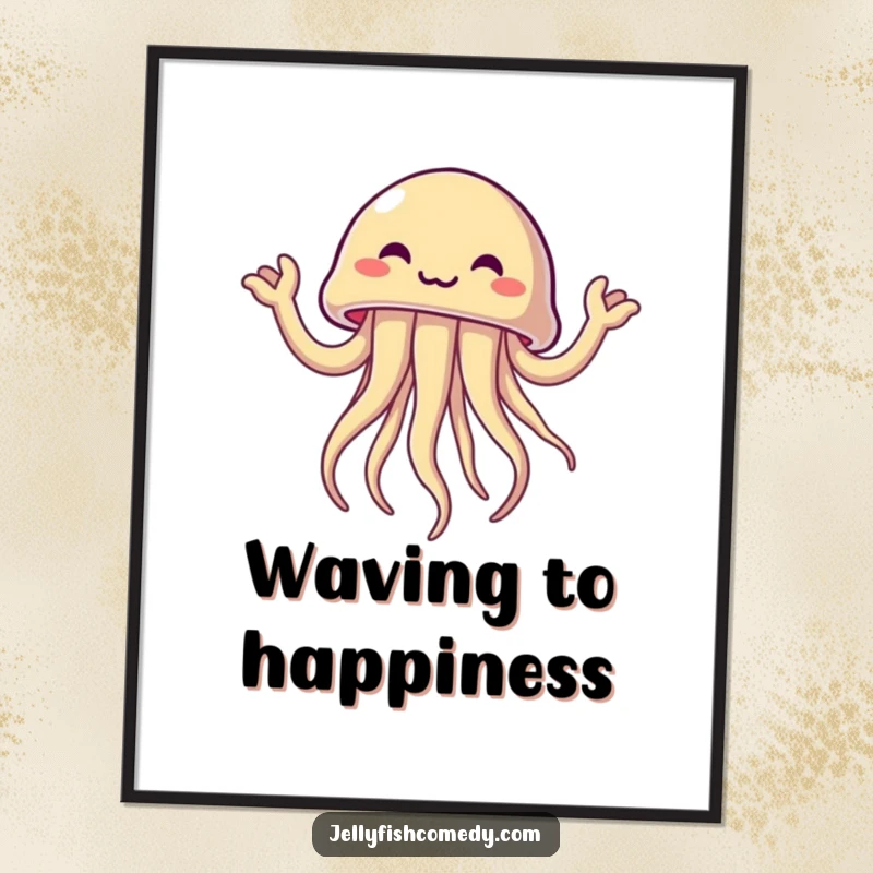 Funny jellyfish joyfully waving tentacle arms, a humorous and energetic poster for vibrant wall decor.