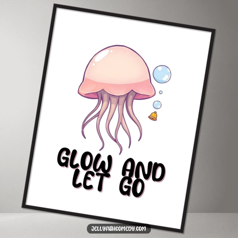 Funny jellyfish poster, a whimsical sea creature happily bouncing a small bubble, adding a touch of aquatic humor to any wall.