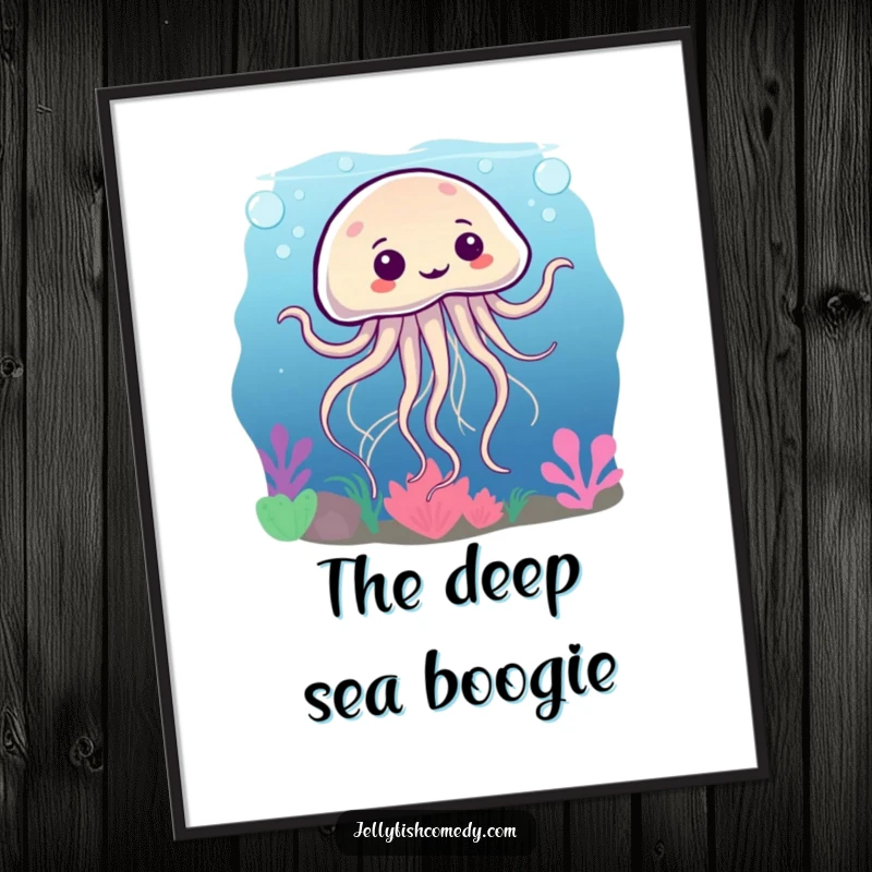Funny poster art of a silly jellyfish dancing underwater, its tentacles swirling energetically in a humorous and lively aquatic scene.