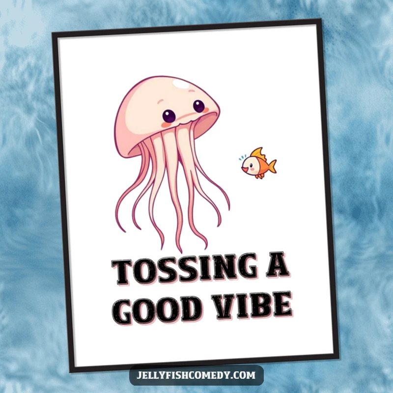 Funny poster art of a jellyfish playfully tossing a little fish into the air with joy.