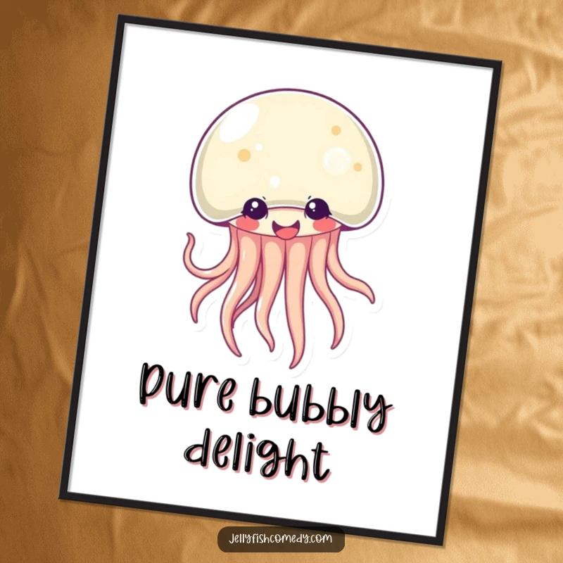 Funny Kawaii jellyfish poster depicting a wildly giggling sea creature with animated, wiggling tentacles. Joyful and humorous art.