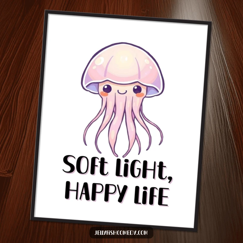 Funny Kawaii jellyfish poster depicting a sea creature softly pulsing with a warm, happy light. Serene and humorous art.