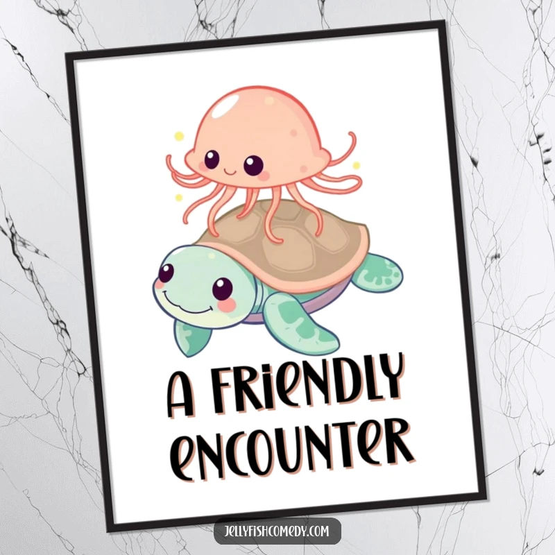 Funny jellyfish playfully bouncing off a friendly sea turtle, a humorous and vibrant poster for wall decor.