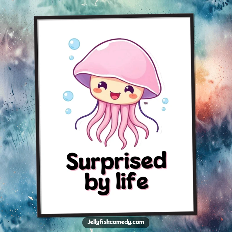 Funny surprised jellyfish poster, depicting a happy sea creature with wide eyes, being playfully carried by a current.