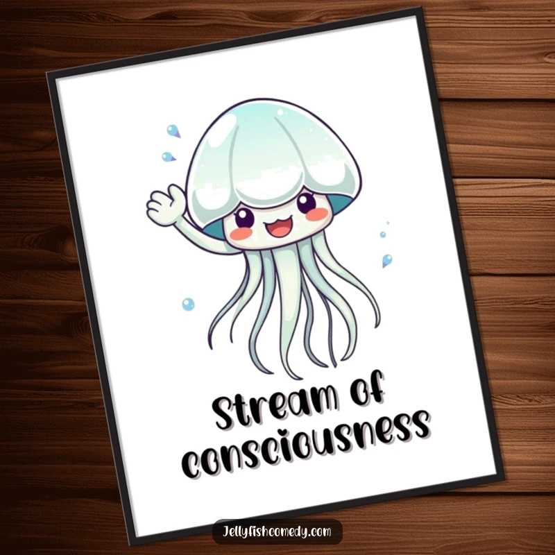 Funny waving jellyfish poster, capturing dynamic aquatic motion, enthusiastically splashing water, vibrant ocean-themed wall art for any room.