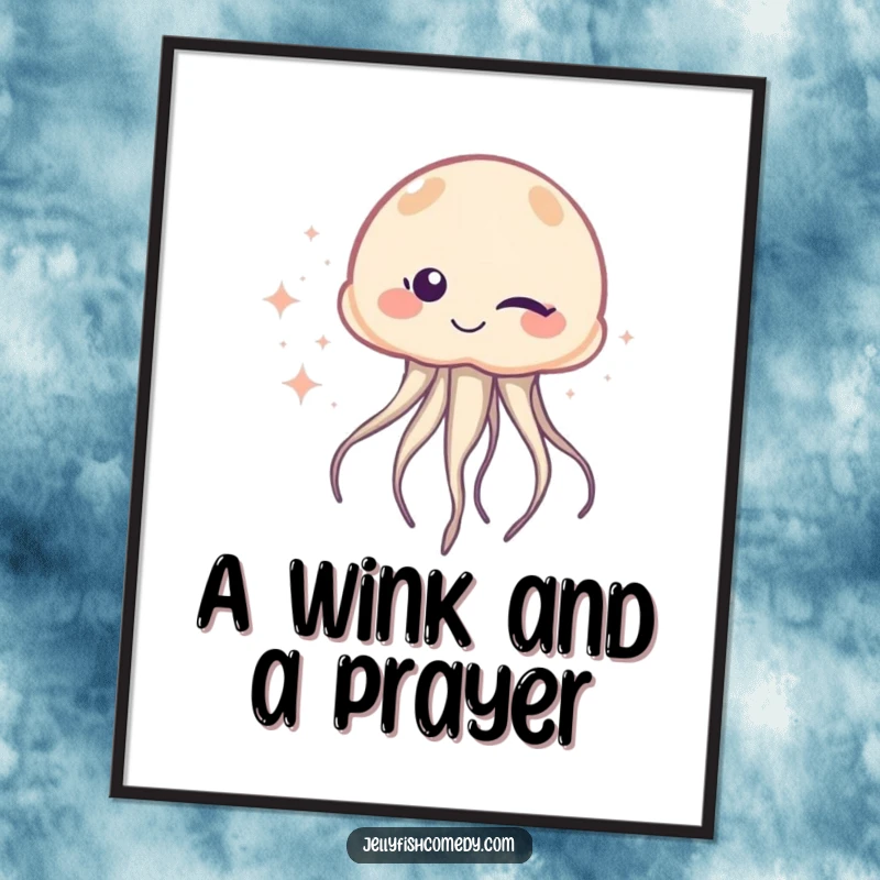 Funny Poster: A jellyfish winks with one eye, leaving a dazzling trail of sparkles, creating a humorous and magical piece of art.