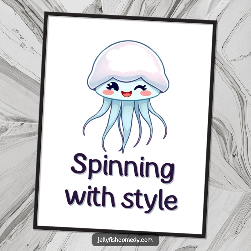 Funny poster of a spinning jellyfish with a friendly wink, perfect for adding whimsical decor.