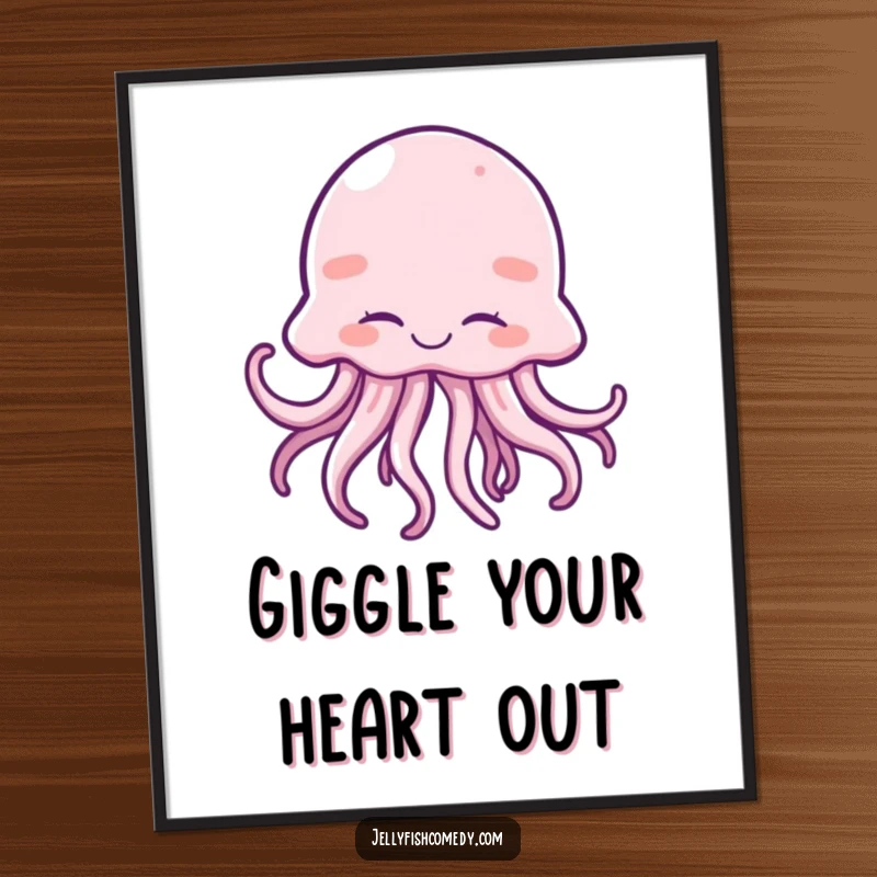 Funny poster art of a blissful jellyfish giggling with eyes closed and tentacles playfully wiggling.